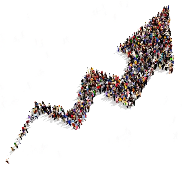 A large group of people standing in a large arrow shape