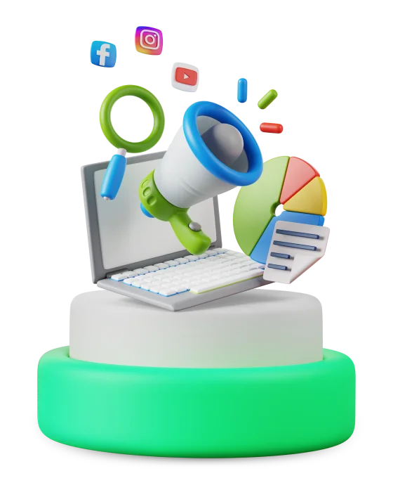 a computer with a megaphone and a magnifying glass flying out