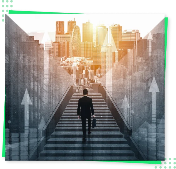 a man walking up stairs in a city