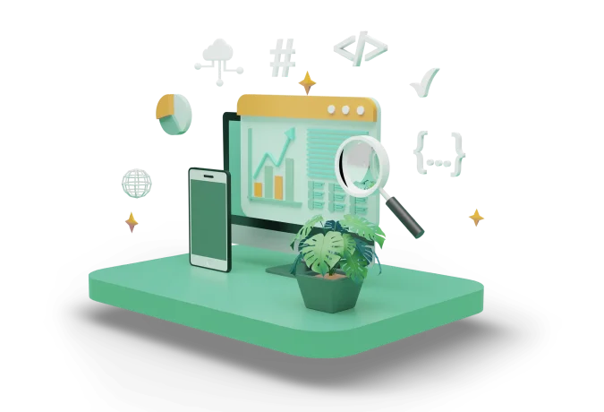 A cellphone and LED screen with a green plant placed on green board