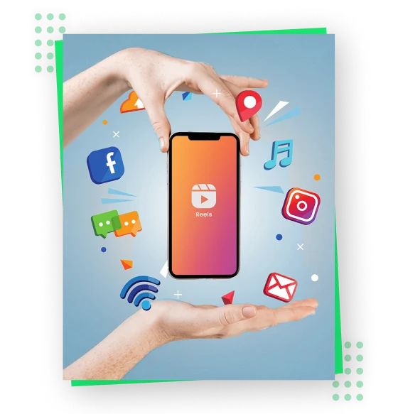 hands holding a phone with icons around it