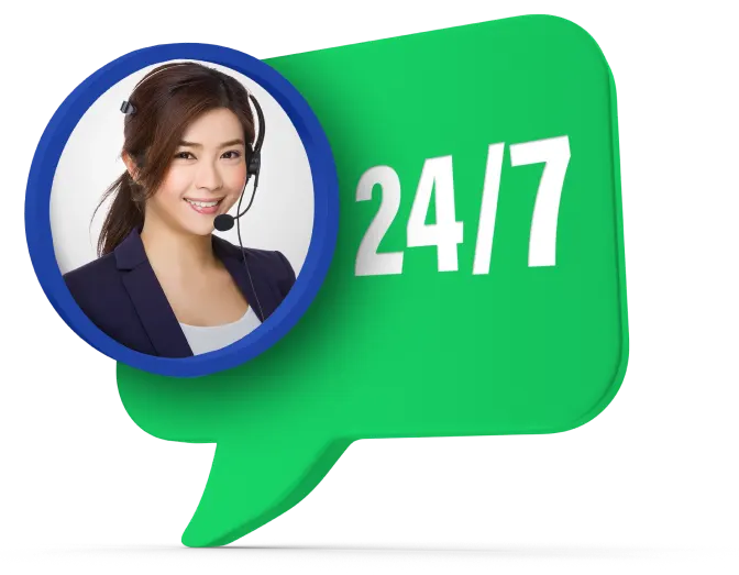 a woman wearing a headset with 24/7 in a text box