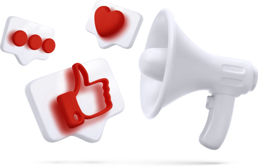 a megaphone and a red heart and red thumbs up
