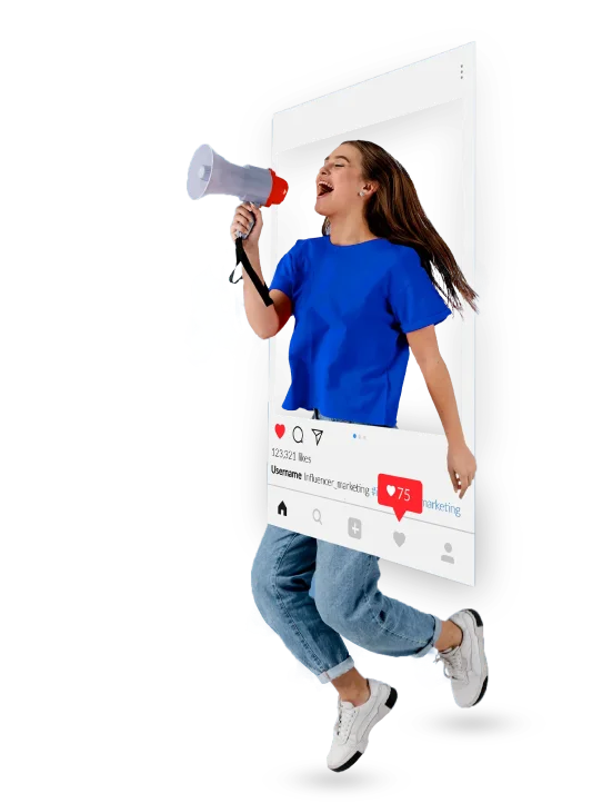 a girl in a blue shirt holding a megaphone