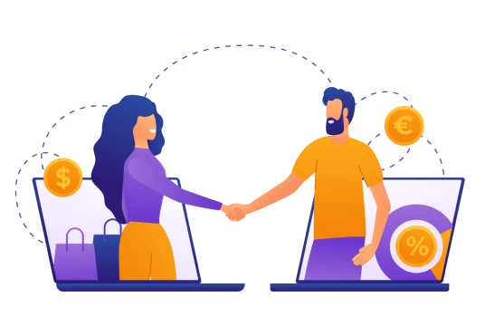 Two individuals shaking hands over a laptop displaying the word B2B