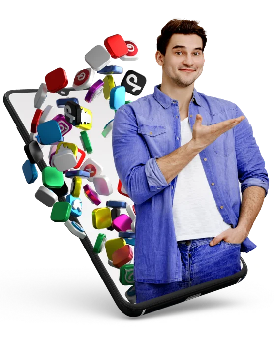 a person standing in front of a smartphone with a hand raised