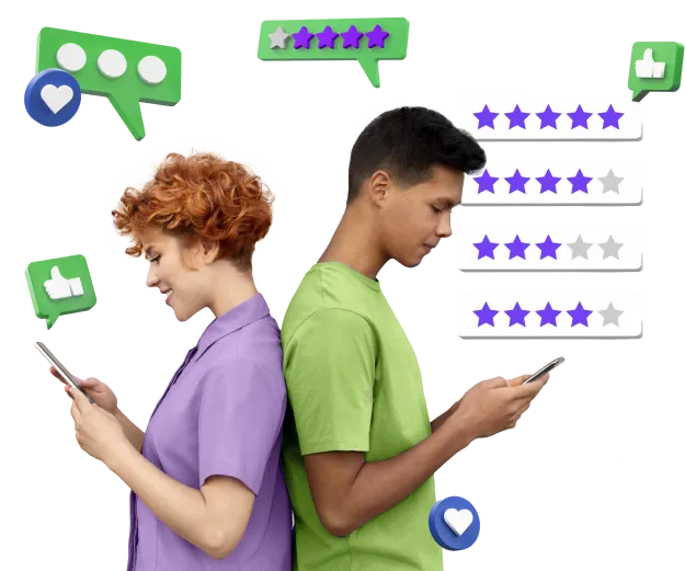 Two individuals engrossed in their phones, surrounded by stars