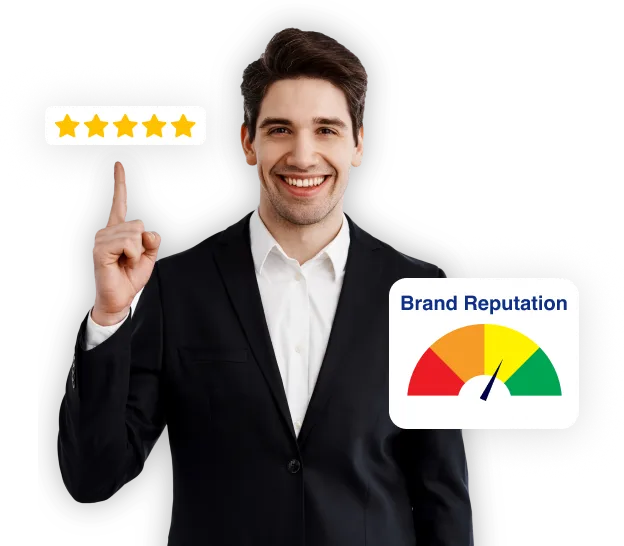 A professional man in a suit proudly holds a five-star rating symbol