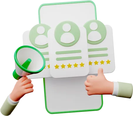 A hand holding a phone with five stars and a magnifying glass