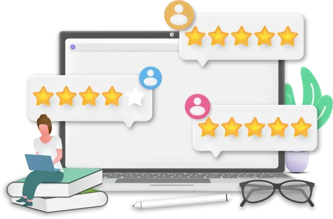 A women using laptop and LED screen showing star ratings