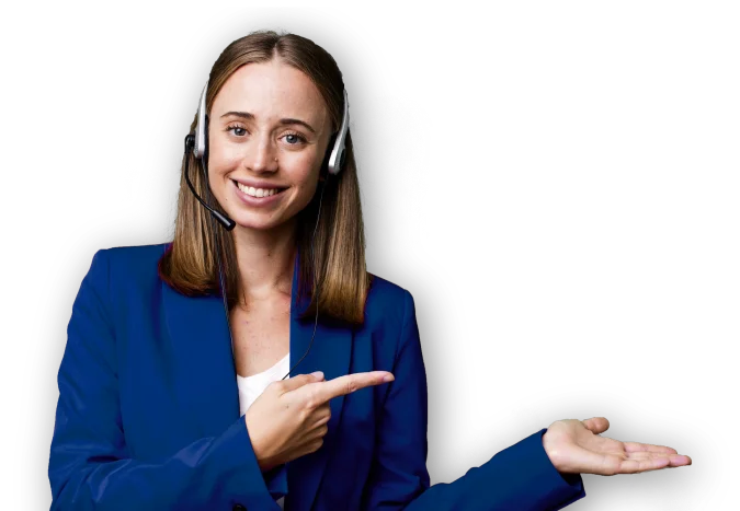 a woman wearing a headset pointing to something