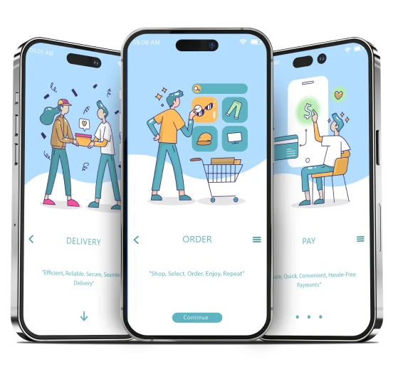 Three smartphones displaying diverse individuals on their screens.