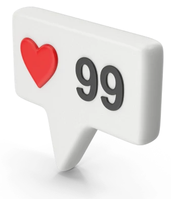 a white chat bubble with a red heart and black numbers